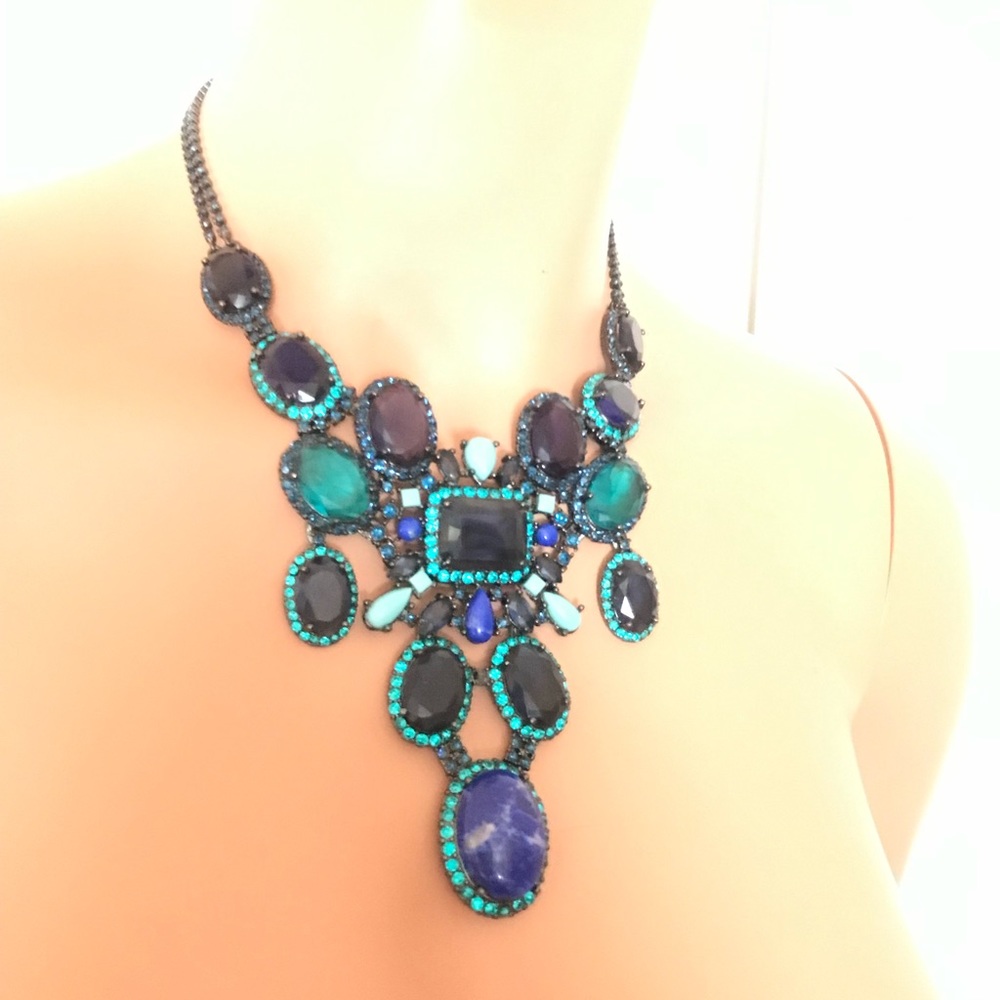 Carolee Lux turquoise/deep blue/purple crystals & stones necklace.